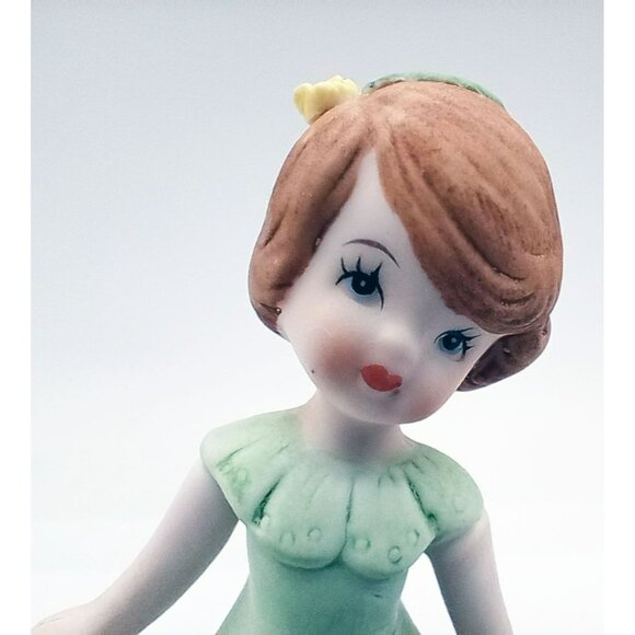 Enesco Birthday Girl Age 3 Brunette Green Dress Bisque Porcelain 1982 3.25" - Picture 3 of 15